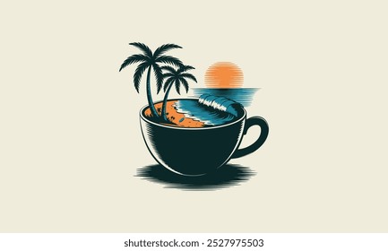 Tropical beach scene inside a coffee cup with sunset