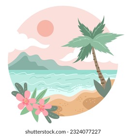 Tropical beach scene with palm tree and flowers, hand drawn colorful trendy vector illustration