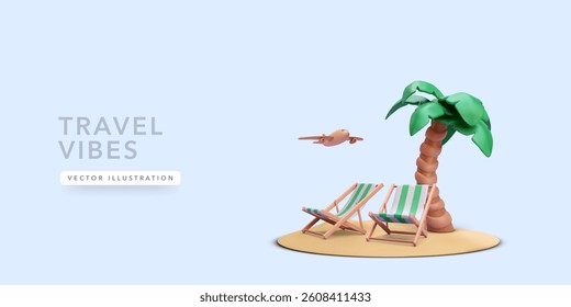 Tropical Beach Scene with Palm Tree, Two Deck Chairs, and Flying Airplane. Perfect for Travel, Summer, and Holiday Concepts. Minimal 3D Style. Vector Illustration.