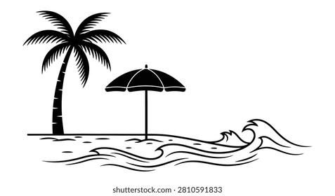 Tropical beach scene with palm tree beach umbrella and wave black silhouette coconut parasol ocean