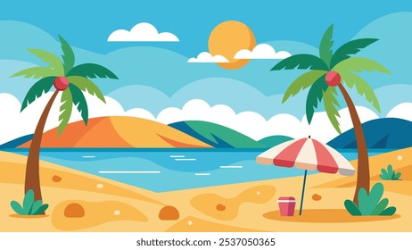 Tropical Beach Scene with Palm Trees and Umbrella
