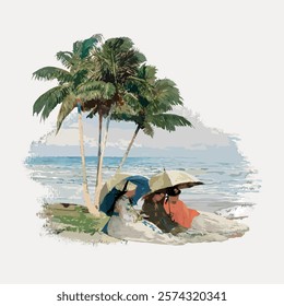 Tropical beach scene with palm trees, ocean waves, and two people relaxing under umbrellas. Serene beach, palm trees, and ocean waves create peaceful setting. Vintage art drawing illustration vector.