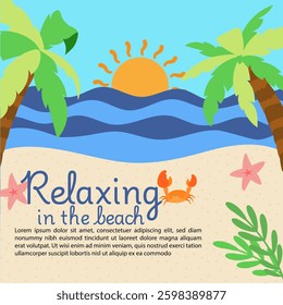 Tropical beach scene with palm trees, sun, crab, and starfish, evoking a relaxing summer vacation vibe