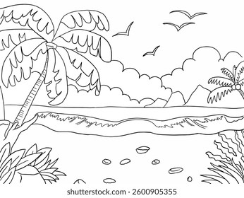 Tropical Beach Scene with Palm Trees and Ocean Wave Coloring Page for kids and adult