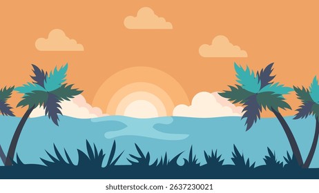 Tropical beach scene with palm trees, ocean waves, and a sunset against a warm orange sky.Vector Illustration