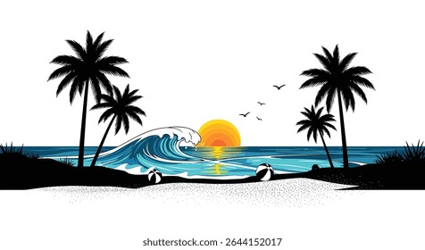 Cena tropical da praia com palmeiras Pôr do sol e Onda oceânica Serene Paradise