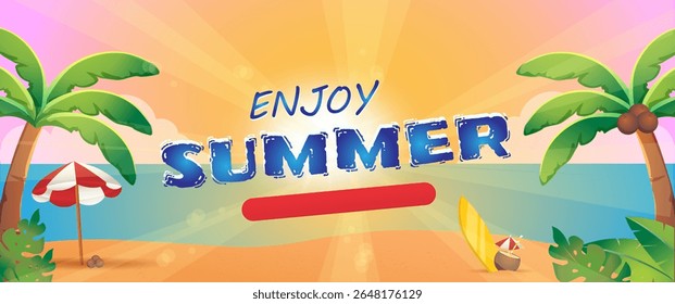 Tropical beach scene with palm trees, umbrella, surfboard, and sea on colorful sunrise sky background. Concept of summer vacation and relaxation. Vector illustration