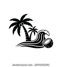 tropical beach scene with palm trees and ocean waves in black and white vector
