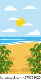 Cena tropical da praia com palmeiras oceano e sol para posts de histórias de mídias sociais. Modelo de fundo paraíso de férias de verão com céu azul e areia. Ilustração vetorial editável.