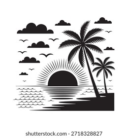 Escena de playa tropical con palmeras, olas de sol y pájaros voladores