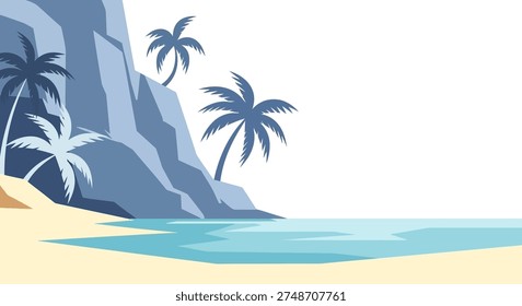 Tropical beach scene with palm trees clear blue ocean sandy shoreline and rocky cliffs in a minimalist illustration style