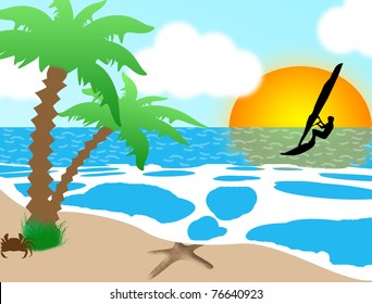Tropical beach scene with palm trees and windsurfer, vector illustration