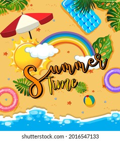 Tropical beach scene with Summer Time text banner illustration