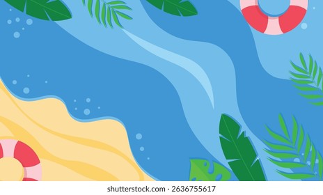 Tropical Beach Scene with Waves and Palm Leaves background