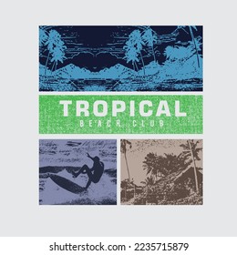 Grafiken der tropischen Beach-Szenerie High-Wave-Surfer handgezeichnet Sea Ocean Palm Poster Grafik Design T-Shirt-Druck Vektorgrafik