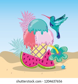 Tropical Beach Scenery Theme Cartoon: เวกเตอร์สต็อก (ปลอดค่าลิขสิทธิ์