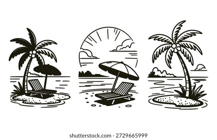 Cenas de praia tropical com palmeiras e pores do sol serenas ilustrações de férias