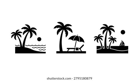 Tropical beach scenes with palm trees lounge chair and sailboat black silhouette tree trees