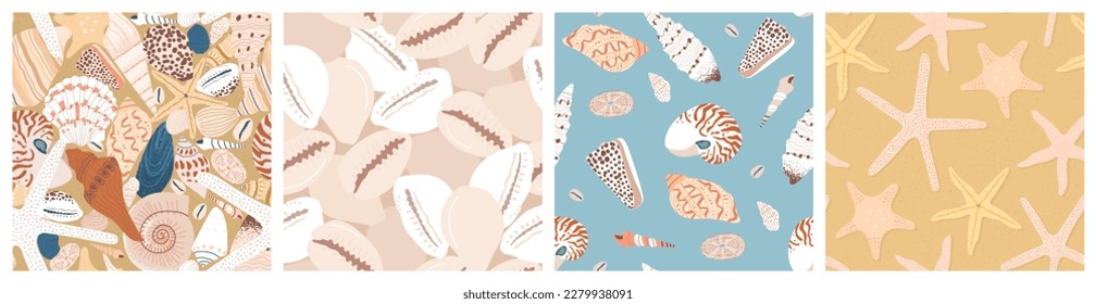 Tropical beach sea shell seamless pattern collection. Summer marine animal background set. Vacation travel concept. Ocean snail collection flat cartoon backdrop illustration.