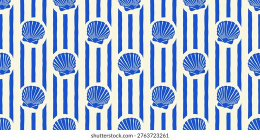 Tropical beach sea shell seamless pattern. Summer marine animal background design. Vacation travel concept. Ocean seashell flat cartoon backdrop illustration.