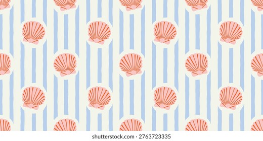 Tropical beach sea shell seamless pattern. Summer marine animal background design. Vacation travel concept. Ocean seashell flat cartoon backdrop illustration.