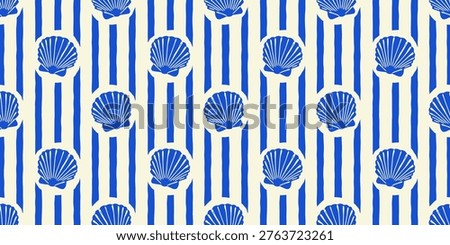 Tropical beach sea shell seamless pattern. Summer marine animal background design. Vacation travel concept. Ocean seashell flat cartoon backdrop illustration.