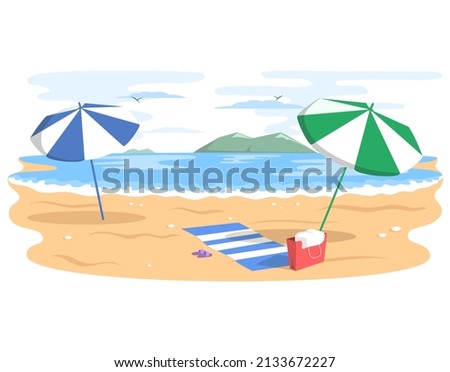 Tropical beach and sea vector illustration. Summer holiday vacation, weekend. recreation concept. Exotic paradise, resort, seascape. Umbrellas, towel and beach accessories on sandy coastline
