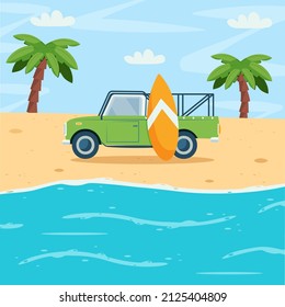 Tropical beach with sea view. Background with palm trees, car, surfboard, ocean, clouds and sand. Vector illustration in a flat style