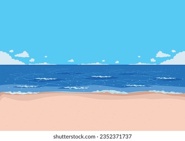 Tropical beach, sea with waves and blue sky with clouds. Seascape in flat style. Summer rest. Beauty of nature. Vector illustration.