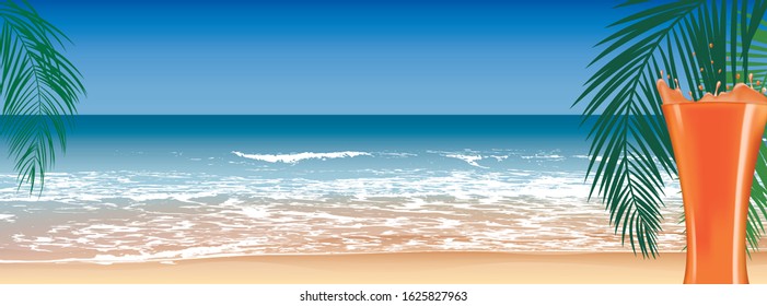 tropical beach, sea waves, glass of juice, rest and relax, palm leaves, vector background