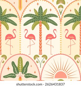 Tropical beach seamless pattern vector illustration. Flamingos, palm trees, sun in Art deco arches on a light background. Summer island vacation vibes repeat tile design in modern symmetrical style