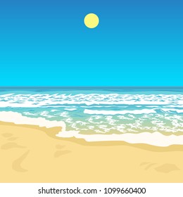 Tropical beach seascape, ocean view, surf waves, beautiful coast scene, sunny day, tourism, relax, vacation theme, background for web design, banner, lettering, typography, summer vector illustration.