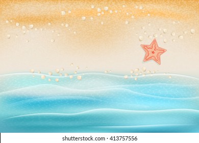 Tropical beach. Seashells and starfish on the beach near the sea. Marine background.