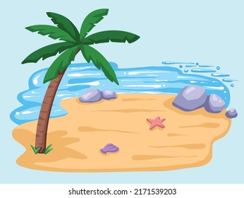Tropical beach seaside vector illustration with flat vector cartoon art style illustration. Holiday and vacation themed drawing, island isolated with sad and palm tree. Relaxation and enjoying life