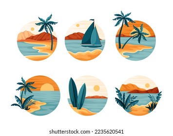 Tropical beach set. Beautiful scenes of nature palm trees and ocean at different times of day vector illustration