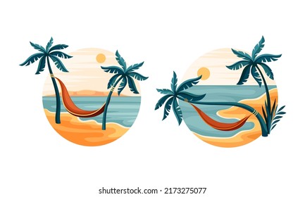 Tropical beach set. Idyllic scenes of seaside with palm trees and hammock in circle vector illustration