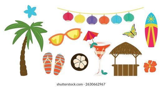 Tropical beach set, Tropical objects collection. Palm tree, sunglasses, garland, beach bar, cocktail, flower, butterfly, mangosteen, surfboard. 