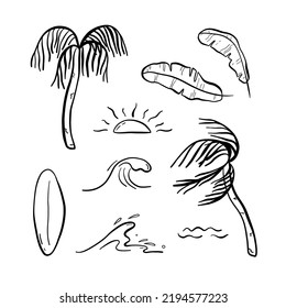 Tropical beach set with palms, surf board, waves, sun and banana leaves on a white background. Ideal for print, sublimation, invitation, decoration. Outline hand drawn vector illustration