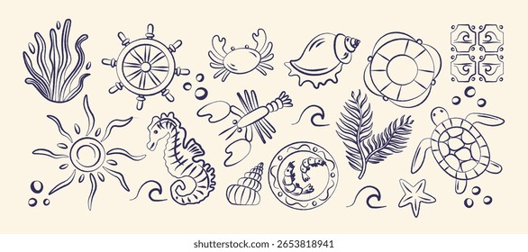 Tropical beach shore elements shapes in retro cartoon style. Summer beach elements: palm trees, sun, shells, corals, sea creatures. Italian sea vibe. Illustration in linear style, trendy stickers