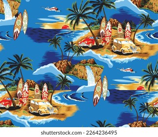 Tropical Beach Shore Pattern CMYK Printable Vector with Cars and Surfboards