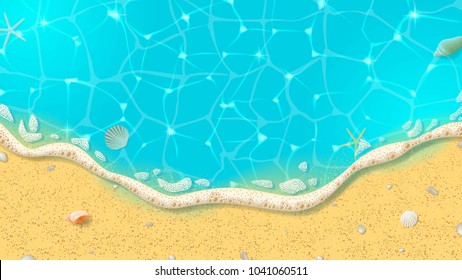 Tropical beach shore web banner. Top view on Summer background with realistic beach sand, seashells and sea wave. Vector illustration. Concept of seasonal summer vacation.