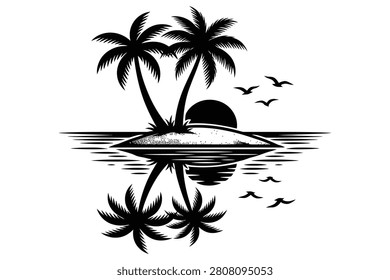 Tropical beach silhouette, island sunset, ocean reflection.