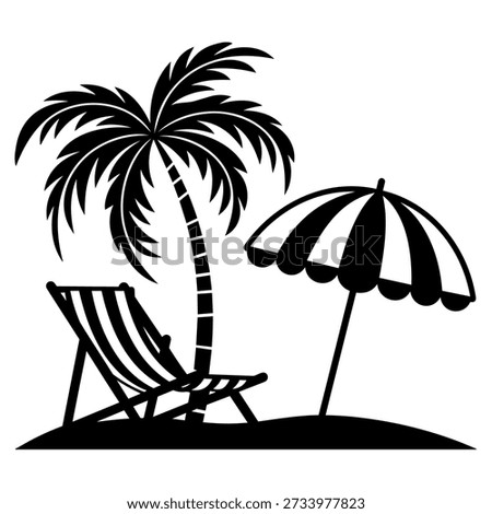 Tropical Beach Silhouette with Palm Tree, Deck Chair and Umbrella