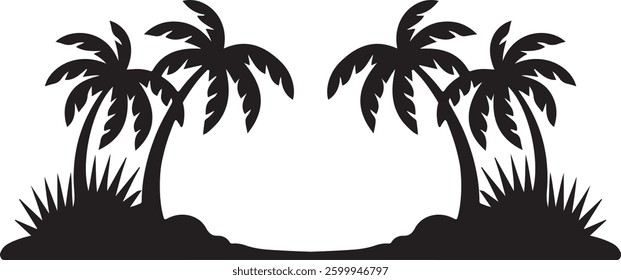 Tropical Beach Silhouette, Palm Trees Vector, Island Landscape, Black Paradise Illustration