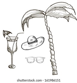 Tropical Beach Sketch Set. Vector Illustration.