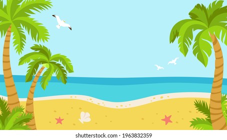 Tropical beach, summer background for text. Palm trees and seagulls, sea sand, ocean. Island flat cartoon coconut palm trees nature design element. Hand drawn beach space for text. Vector illustration