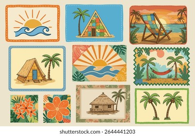 Tropical Beach Summer Elements Vector Set with Huts Palm Trees Flowers Sun and Sunset Illustrations for Vacation and Holiday Designs, Italian summer Mediterranean trendy postage stamps.