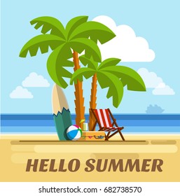 Tropical beach. Summer holidays on tropical beach. Seaside vacation. Vacation on beach in the hot summer days. Vector illustration Eps10 file