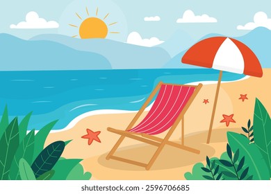 Tropical beach in summer landscape illustration. Beautiful beach scenery with sunny umbrella and sun loungers. Covered with plants in the corner. Vector illustration