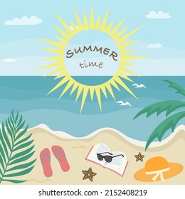 Tropical beach. Summer landscape. Sandy beach. Flat style. Vector illustration